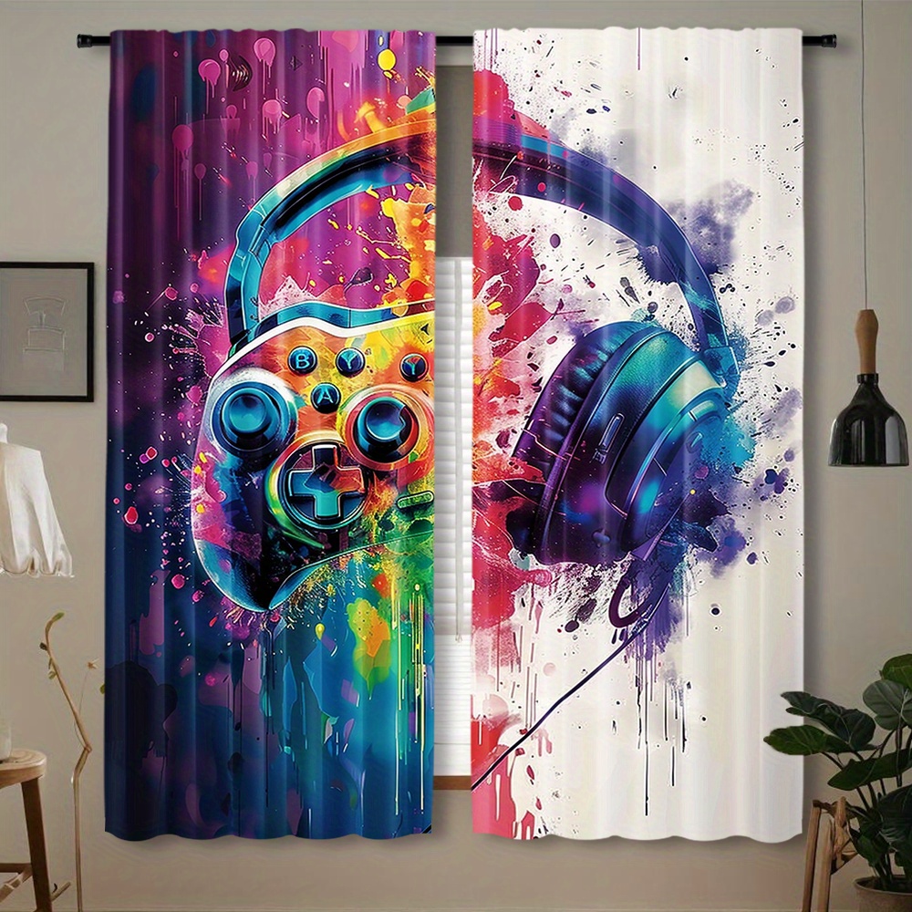 Office Tech Room - Gaming Controller Curtains Headphone Art Window